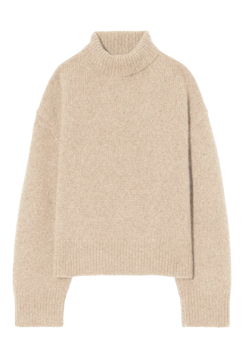 Beige turtleneck sweater on a white background