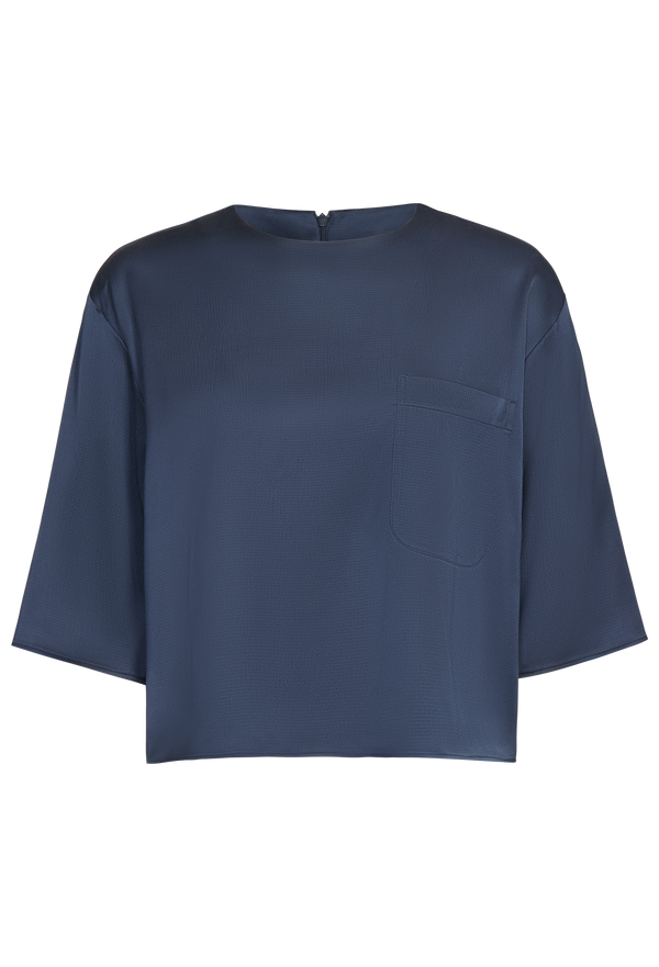 Navy blue blouse with a chest pocket on a white background