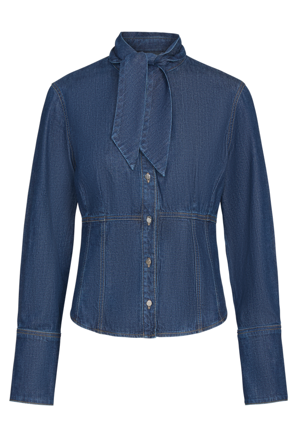 Blue denim shirt with a bow tie on a white background