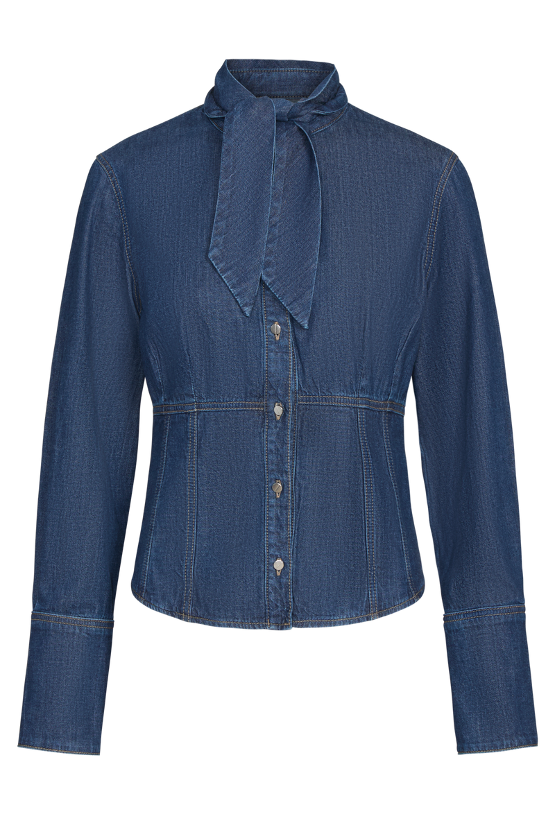 Blue denim shirt with a bow tie on a white background