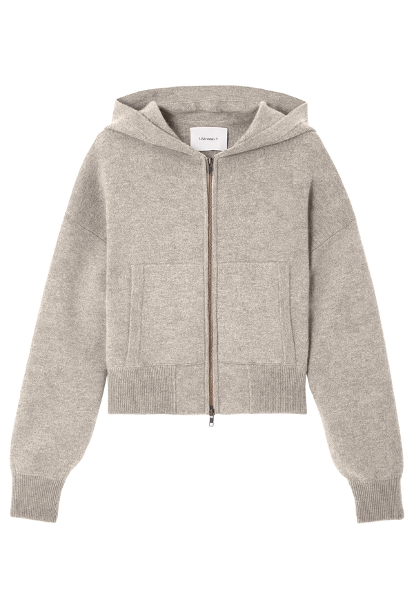 Light gray hoodie with a zipper on a white background