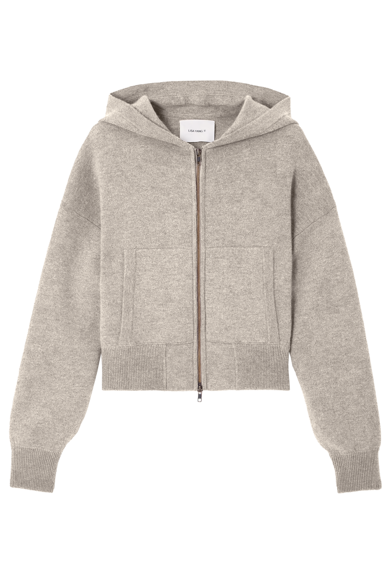 Light gray hoodie with a zipper on a white background
