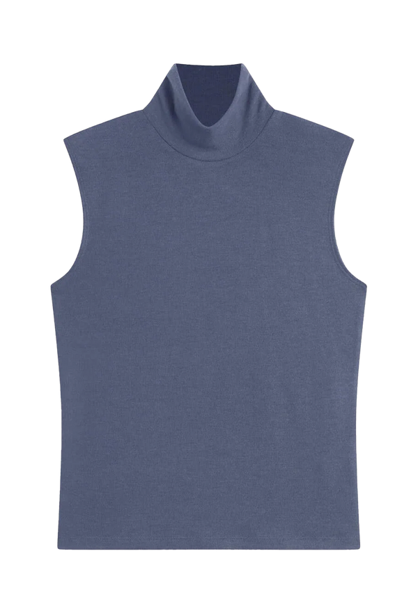 Blue sleeveless turtleneck on a white background