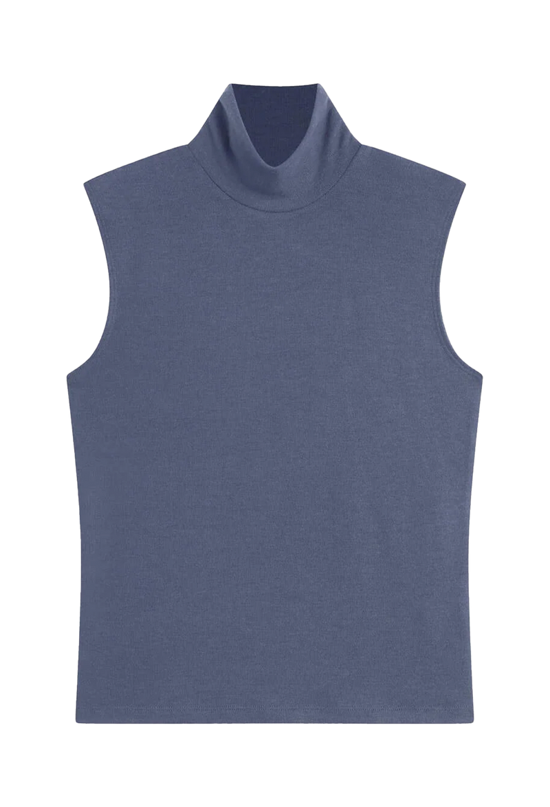 Blue sleeveless turtleneck on a white background