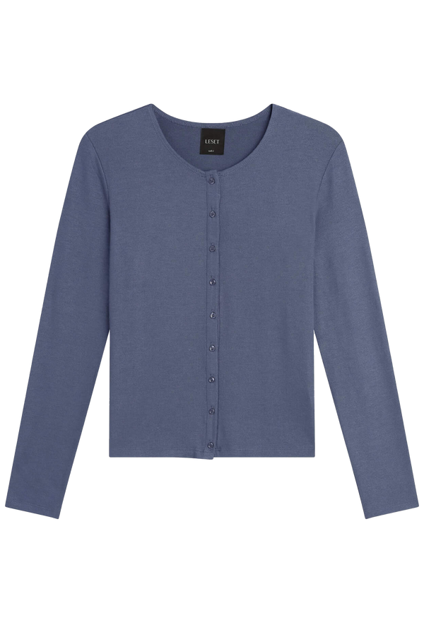 Blue long-sleeve cardigan on a white background