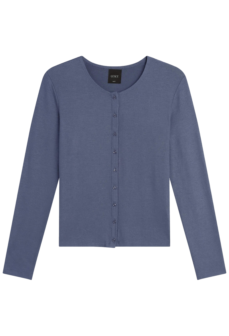 Blue long-sleeve cardigan on a white background