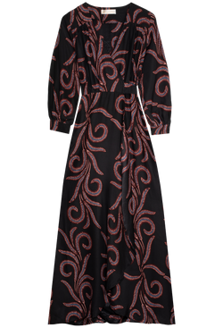 Black maxi wrap dress with red feather pattern on a white background