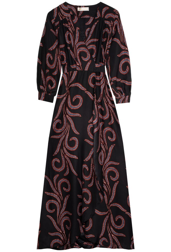 Black maxi wrap dress with red feather pattern on a white background
