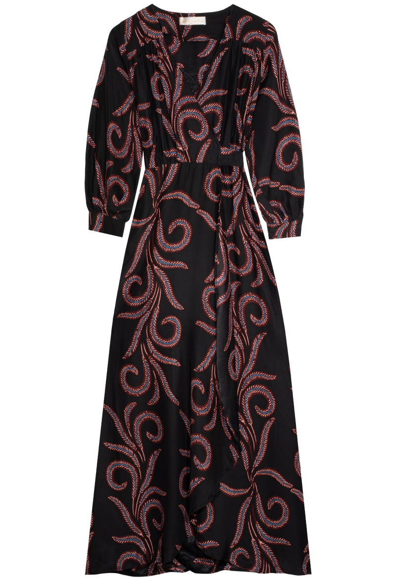 Black maxi wrap dress with red feather pattern on a white background