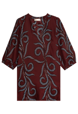Red long sleeve mini dress with black feather patterns on a white background