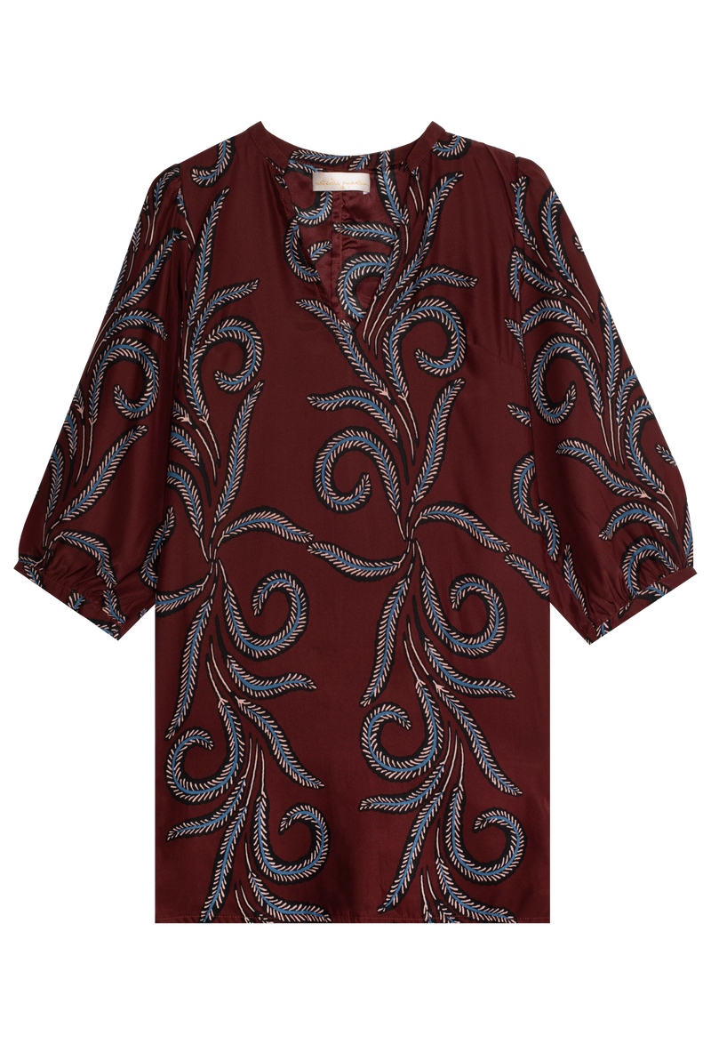 Red long sleeve mini dress with black feather patterns on a white background