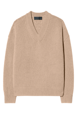 Beige v-neck sweater on a white background