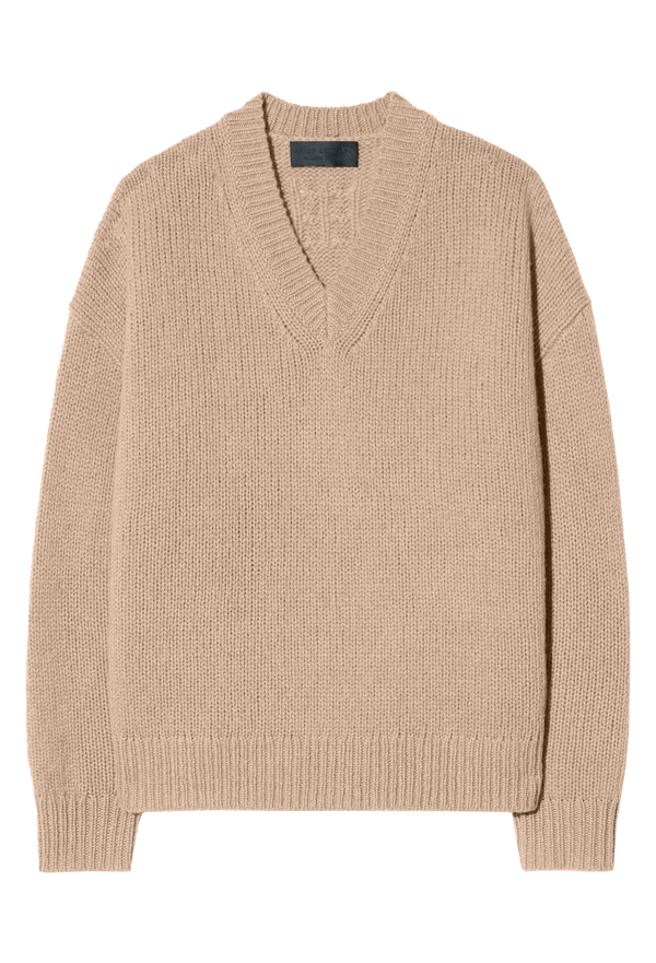 Beige v-neck sweater on a white background
