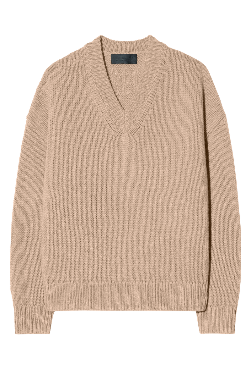 Beige v-neck sweater on a white background