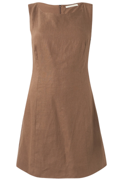 Brown sleeveless mini dress on a white background