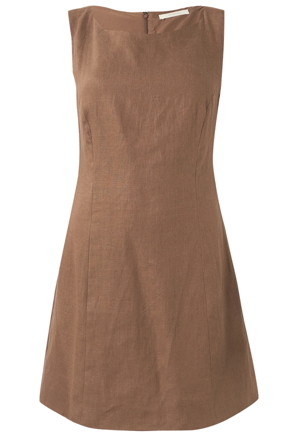 Brown sleeveless mini dress on a white background