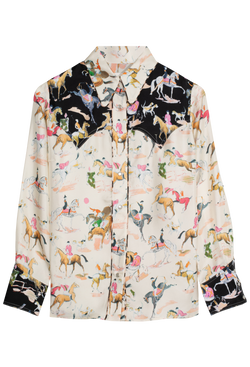 Button-up shirt with horse print on a white background
