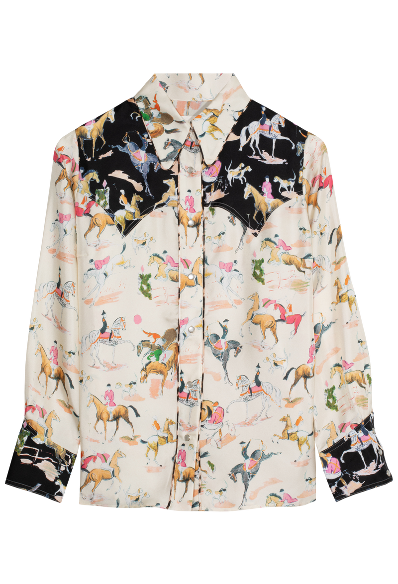 Button-up shirt with horse print on a white background