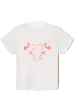 White t-shirt with pink graphic design on a white background