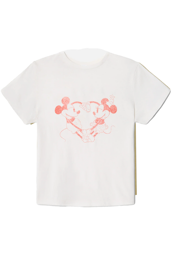 White t-shirt with pink graphic design on a white background