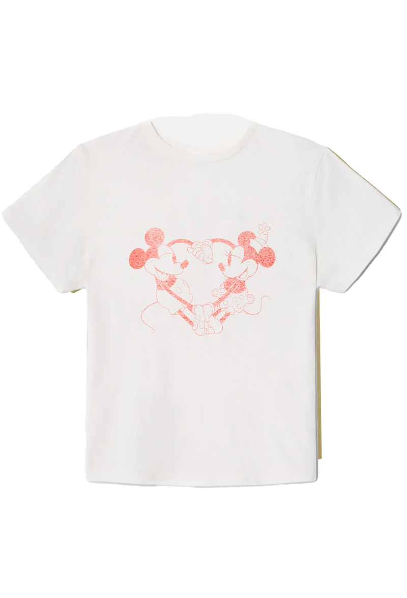 White t-shirt with pink graphic design on a white background