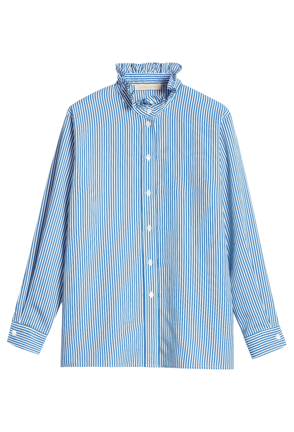 Blue and white striped shirt on a white background