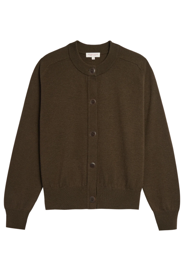 Brown button-up cardigan on a white background