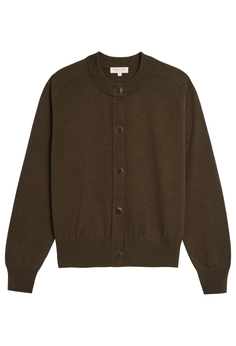 Brown button-up cardigan on a white background