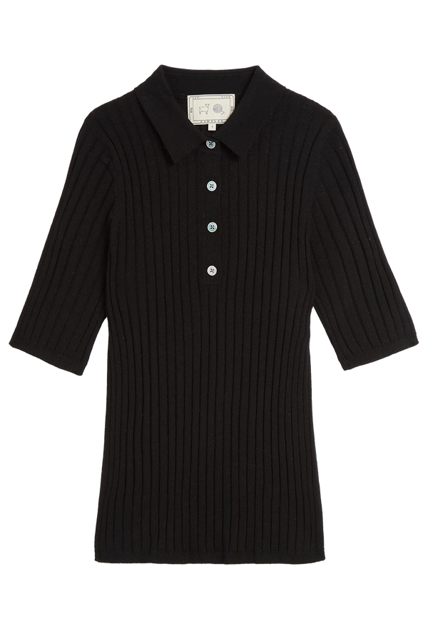Black ribbed top with buttons on a white background