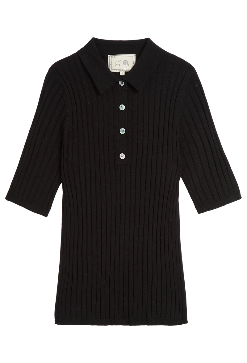 Black ribbed top with buttons on a white background