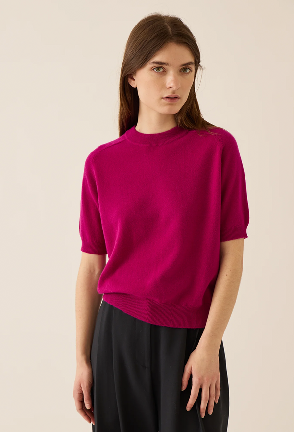 Woman wearing a bright pink short sleeve sweater and black pants against a beige background