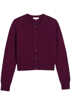Purple cardigan with buttons on a white background