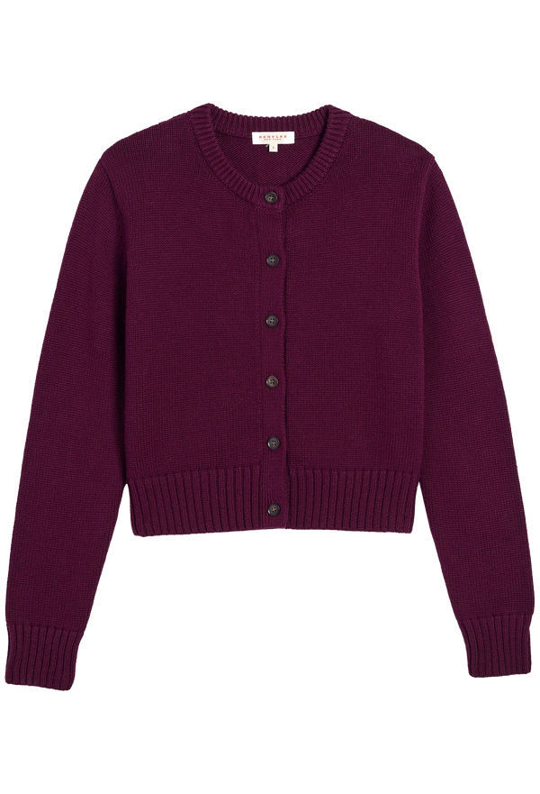 Purple cardigan with buttons on a white background