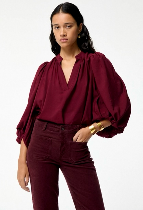 Woman wearing a burgundy blouse and pants on a white background
