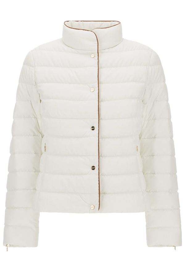White puffer jacket with brown buttons on a white background
