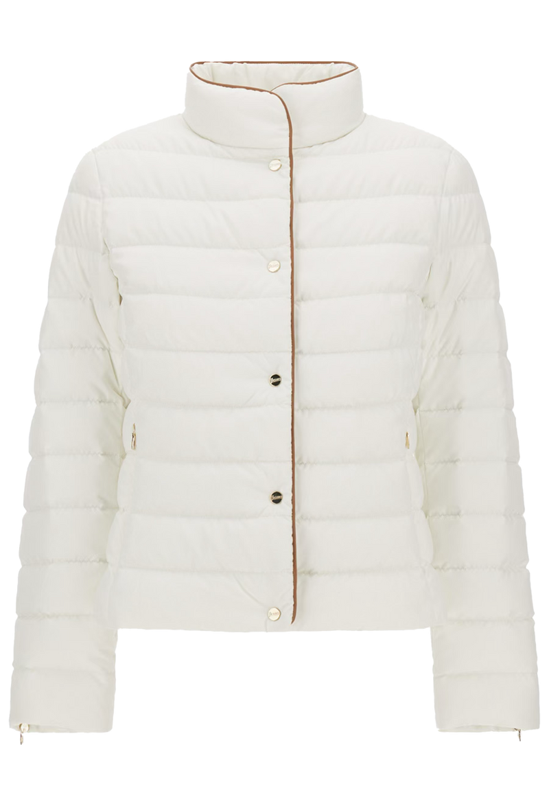 White puffer jacket with brown buttons on a white background