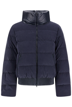 Navy blue puffer jacket on a white background