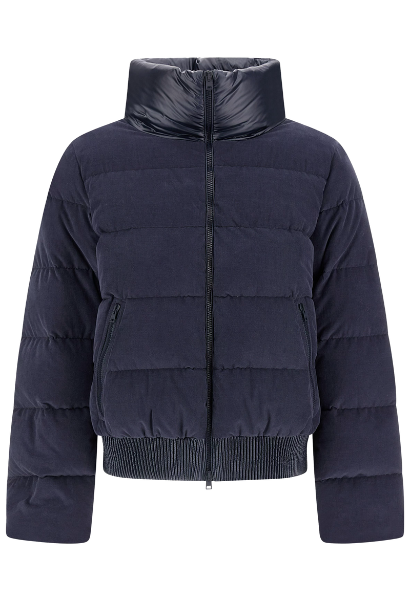 Navy blue puffer jacket on a white background