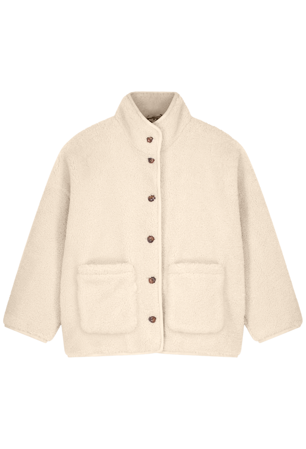 off white jacket with brown buttons on a white background