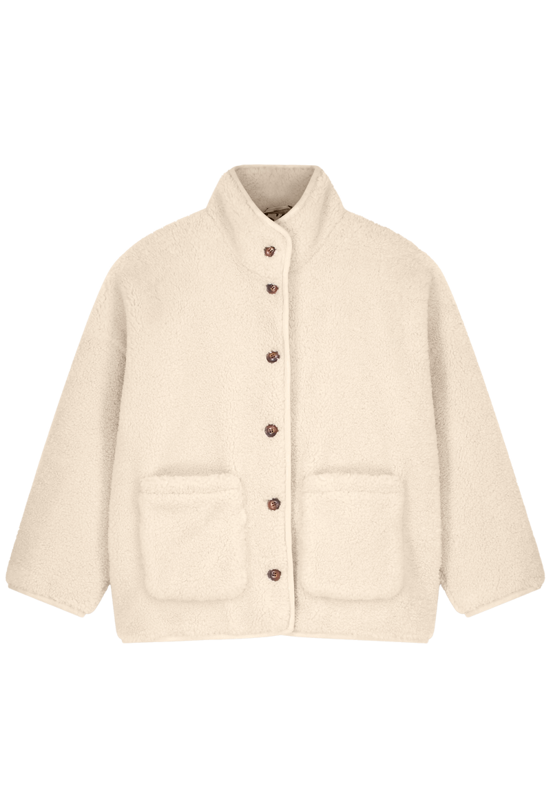 off white jacket with brown buttons on a white background
