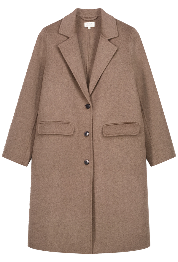 Brown coat with button details on a white background
