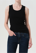 Person wearing a black tank top and blue jeans on a plain background
