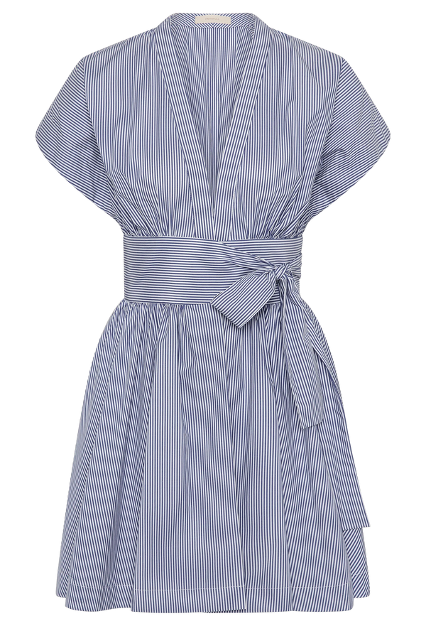 a mini deep v-neck dress with blue and white striped and a waist tie on a white background