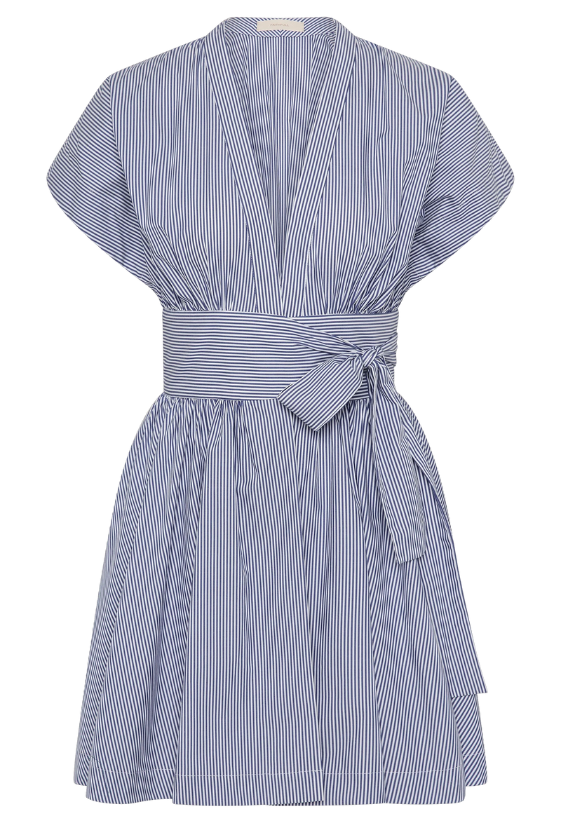 a mini deep v-neck dress with blue and white striped and a waist tie on a white background