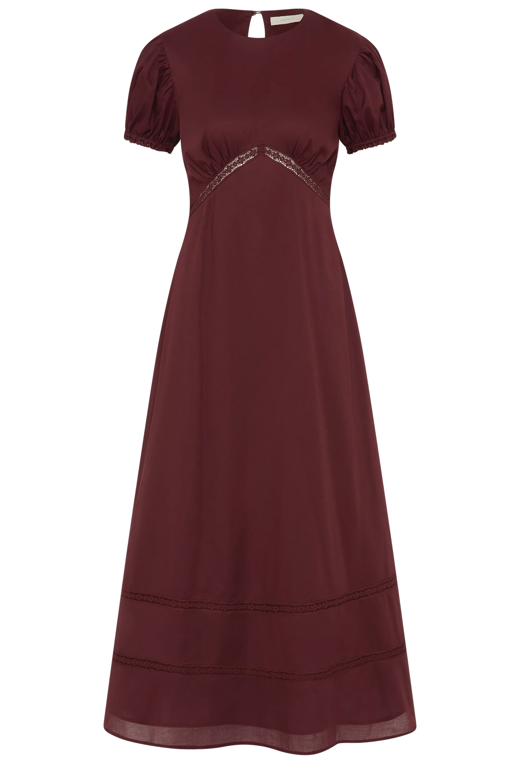 a midi burgundy dress with puff sleeves on a white background