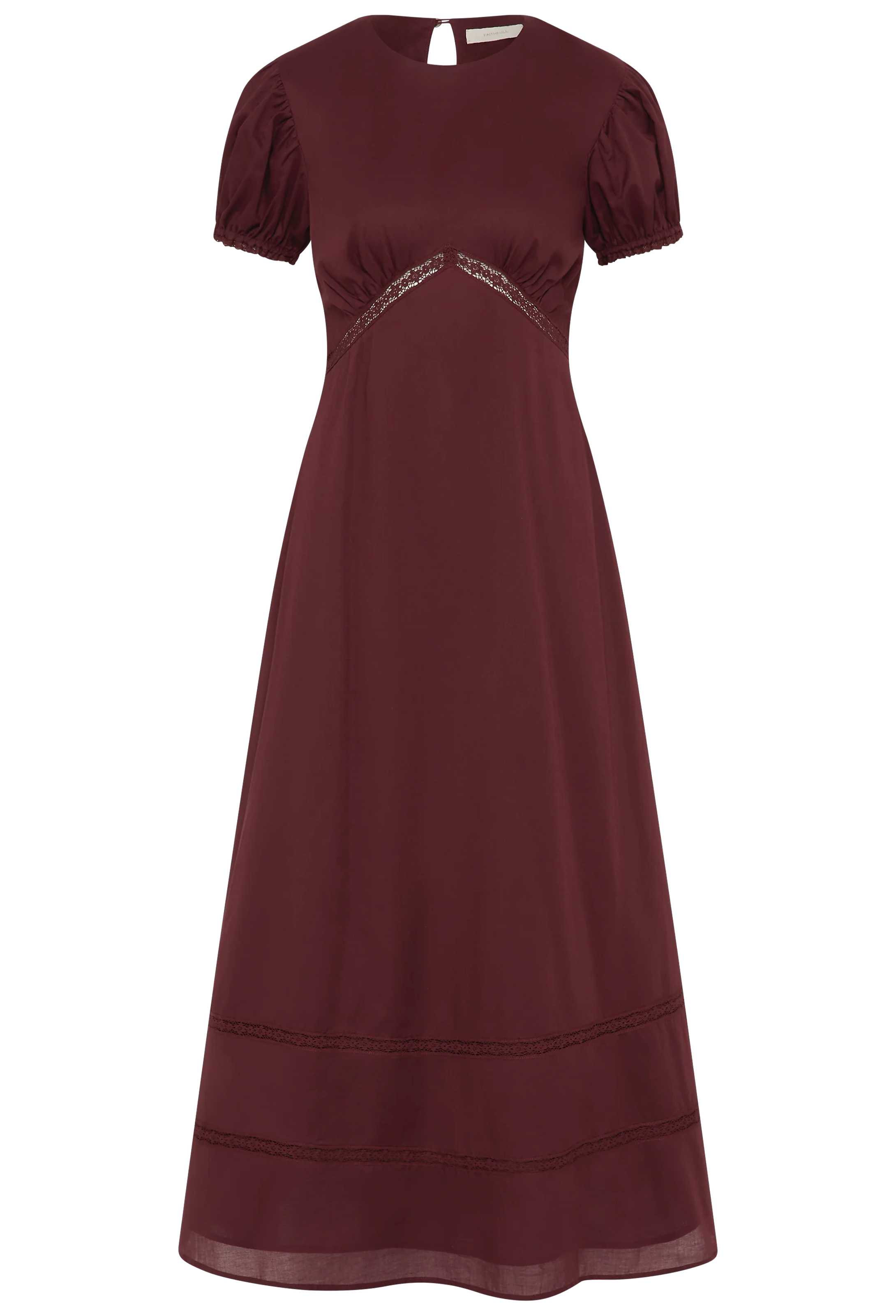 a midi burgundy dress with puff sleeves on a white background