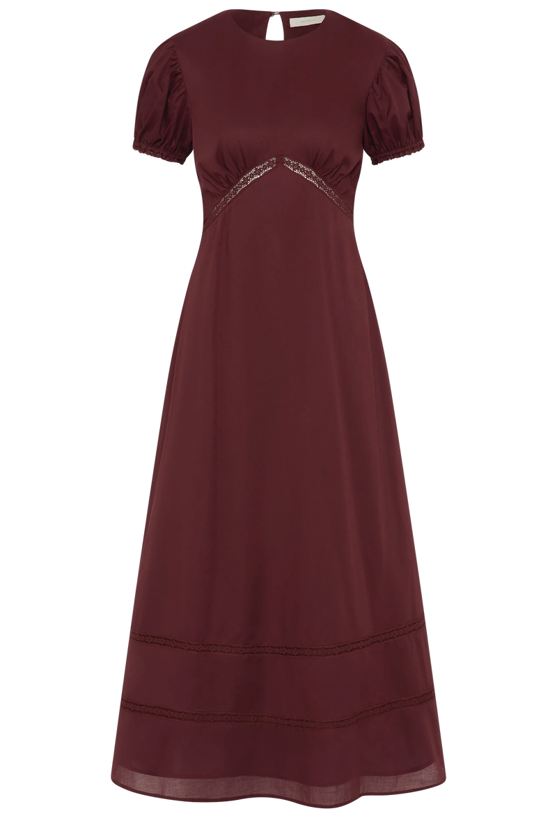 a midi burgundy dress with puff sleeves on a white background