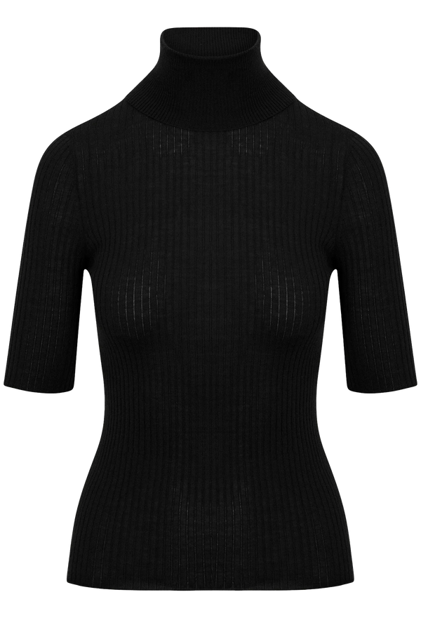 Black ribbed turtleneck sweater with short sleeves on a white background
