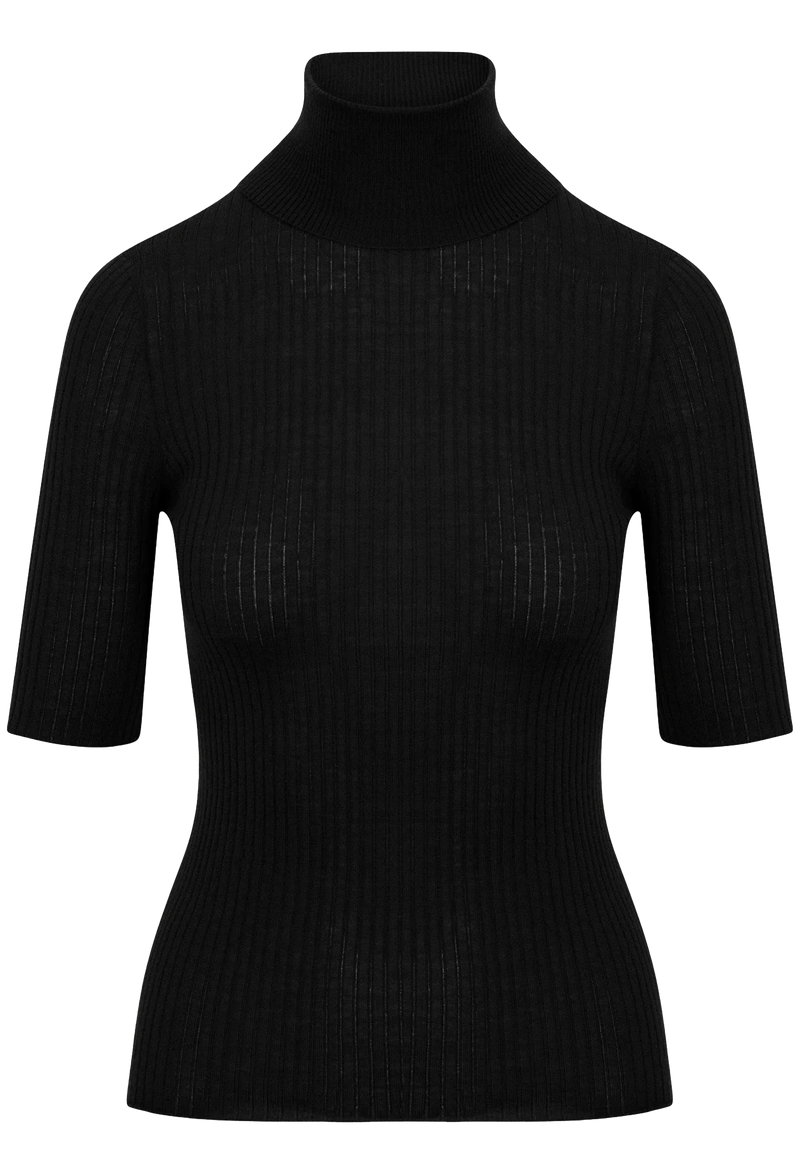 Black ribbed turtleneck sweater with short sleeves on a white background