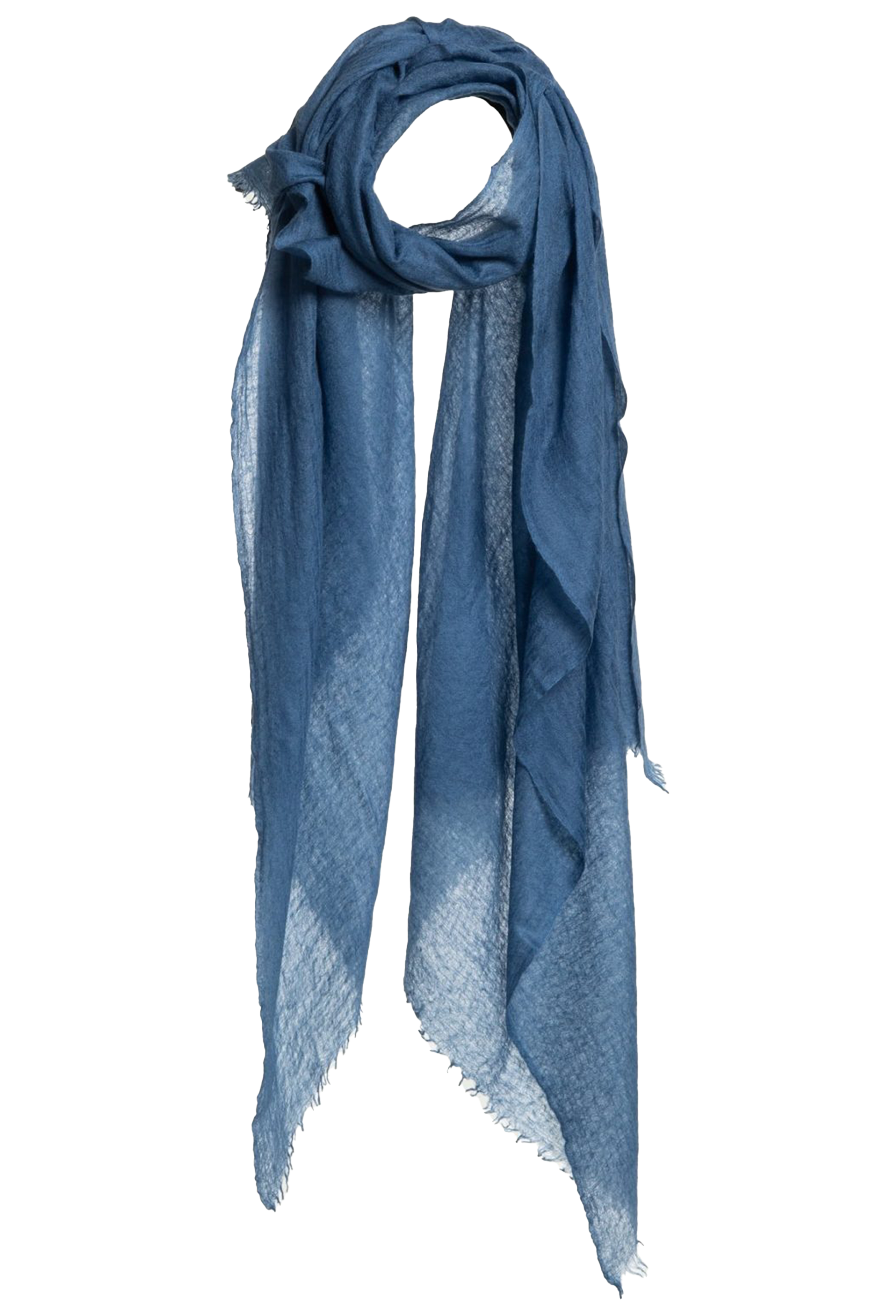 Blue scarf with frayed edges on a white background
